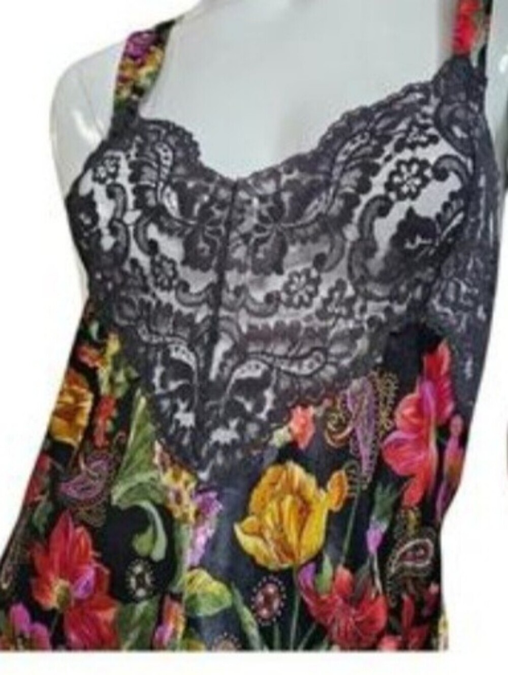 Vanity Fair Vintage Black Floral Lace Maxi Dress with Pink and Yellow Blooms